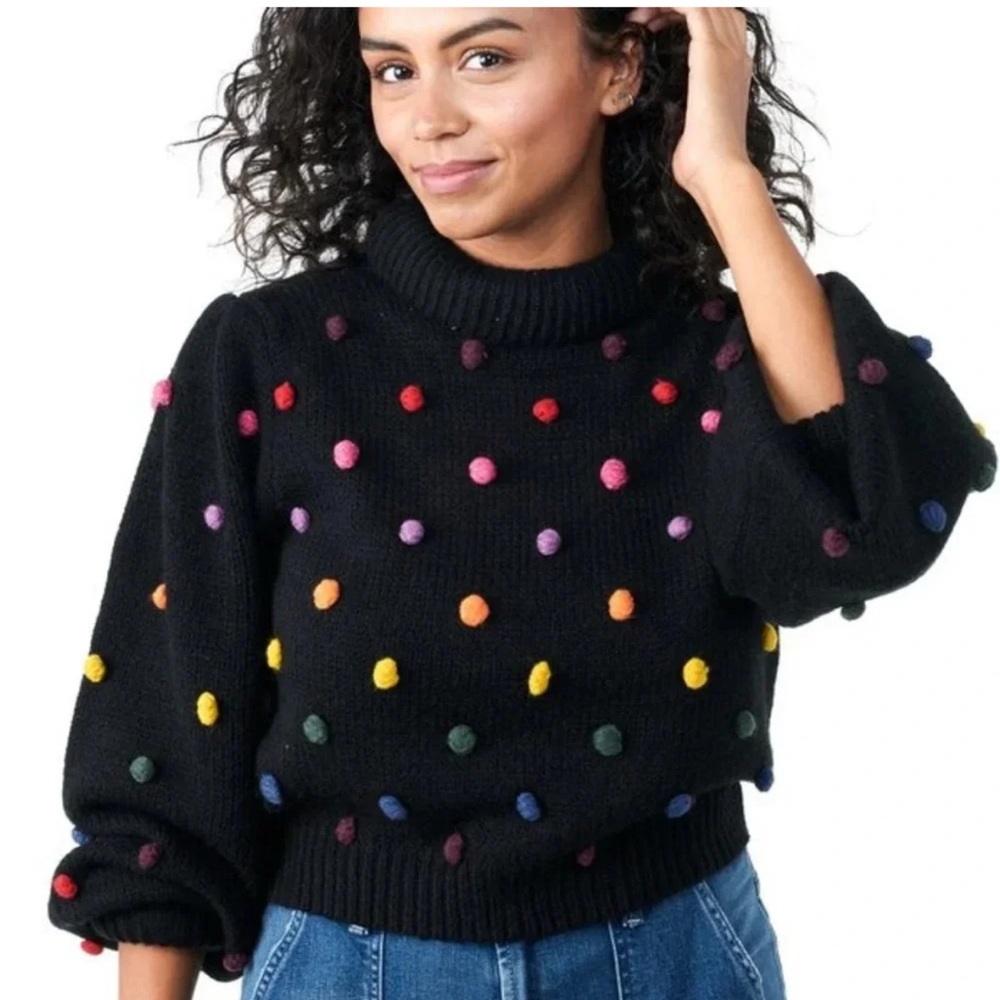 Farm Rio Sz M Rainbow Pom Pom Sweater Knit - Picture 3 of 9